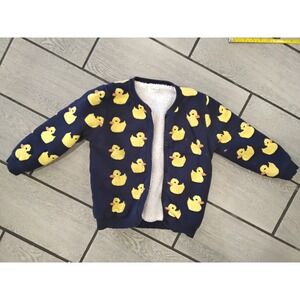 Lamitto Navy Blue Rubber Duck Print Shearling Lined Knit Cardigan Sweater
